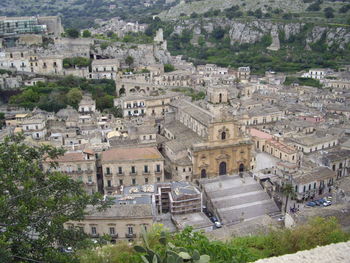 High angle view of buildings in town