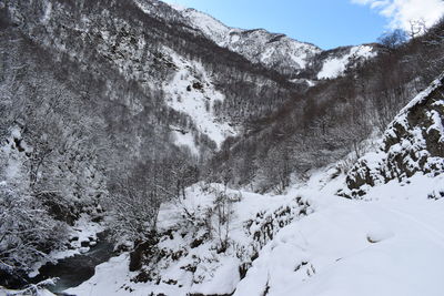 Scenic view of snow covered mountains