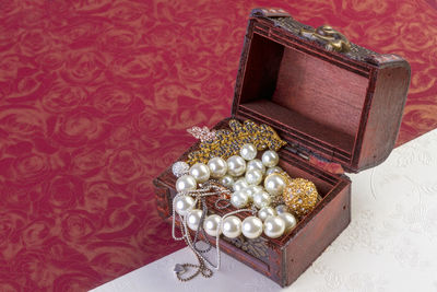 High angle view of flowers in box on table