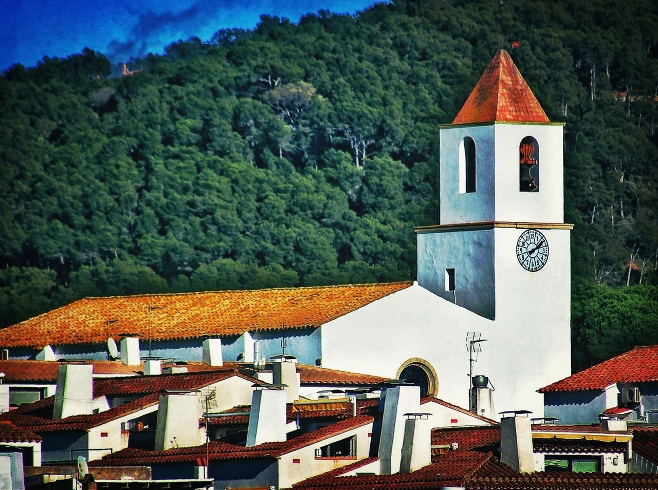 building exterior, architecture, built structure, house, tree, residential structure, roof, mountain, green color, day, outdoors, sky, residential building, no people, growth, nature, religion, landscape, sunlight, village