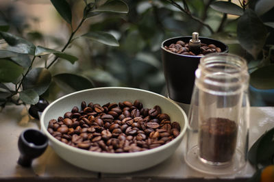 Close-up of coffee beans on table