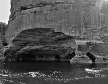 Black and white photo of rock formation on lake superior in pictured rocks national lakeshore