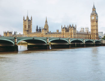 Bridge over river with buildings in background