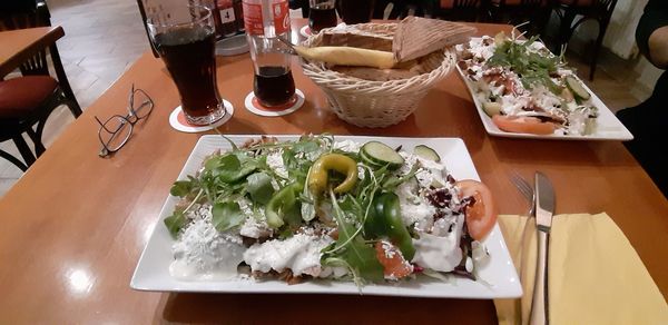 High angle view of food served on table