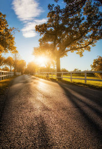 Empty road by trees against sky during sunset