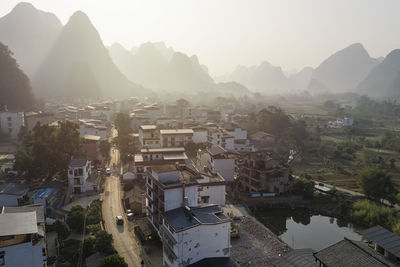 High angle view of townscape against sky