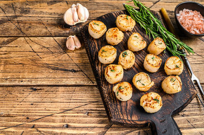 High angle view of mushrooms on table