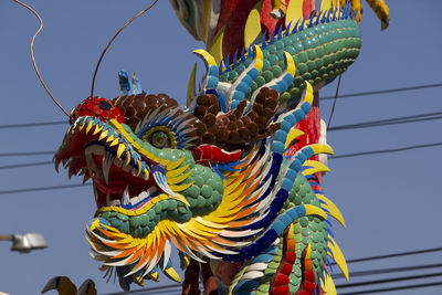 Low angle view of various decoration against sky