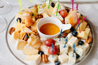 High angle view of dessert served on table