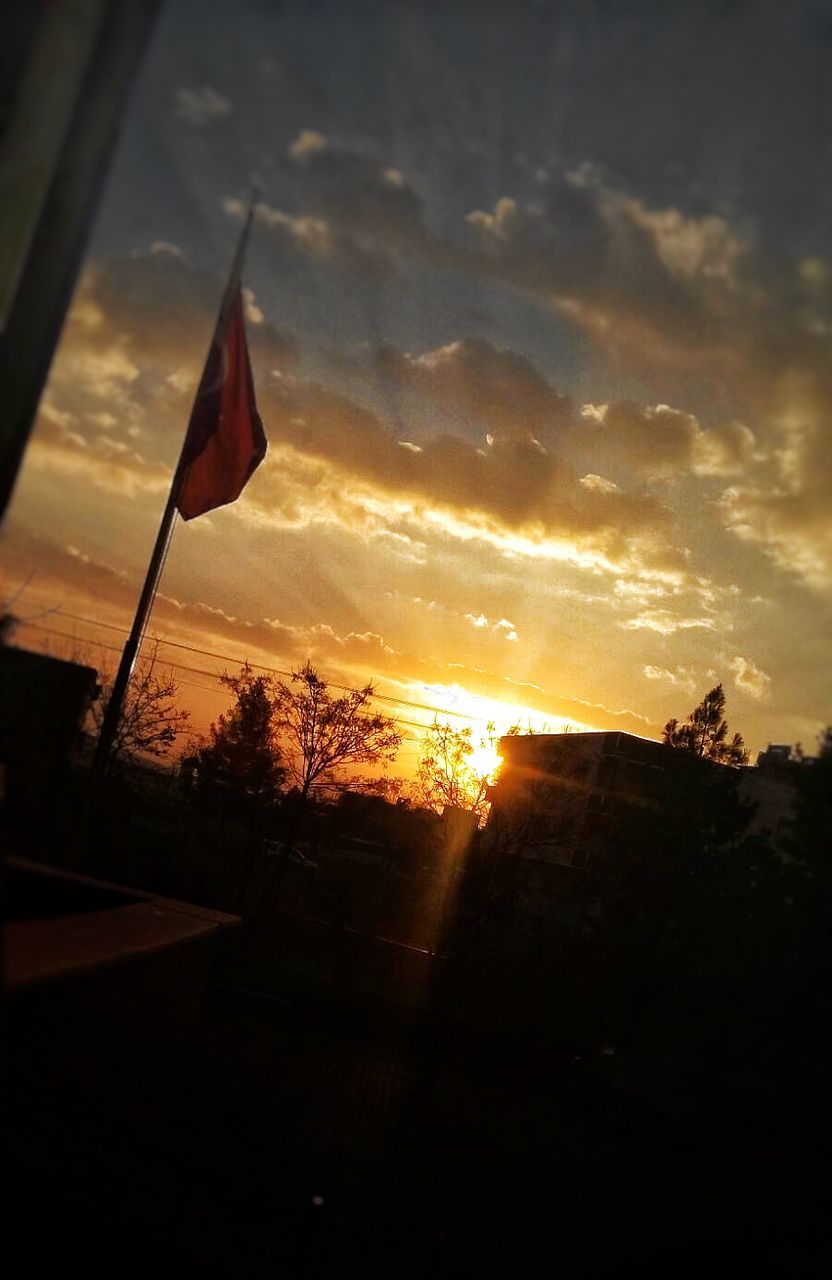 flag, sunset, patriotism, sky, cloud - sky, no people, silhouette, outdoors, nature, tree, day