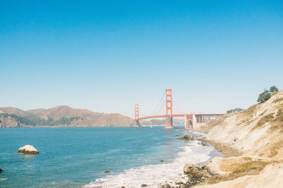 Golden gate bridge against clear blue sky