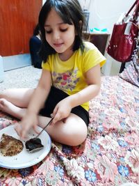 High angle view of girl playing