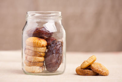 Close-up of ice cream in jar on table