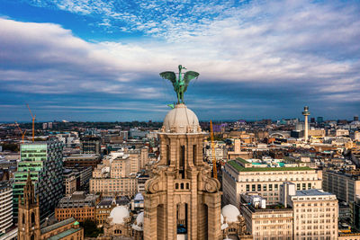 Aerial close up of the tower of the royal liver building in liverpool