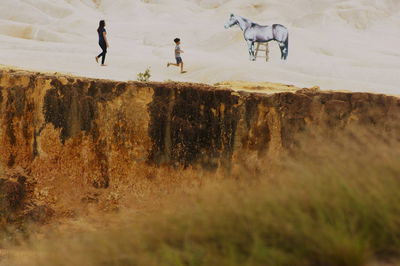 Men riding horse on field against sky