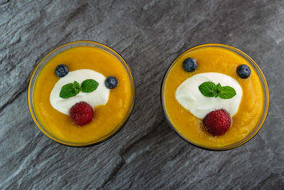 High angle view of dessert on table