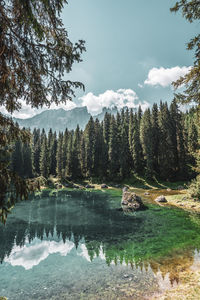 Lake carezza, view on the lake with the latemar range in the background. italy.