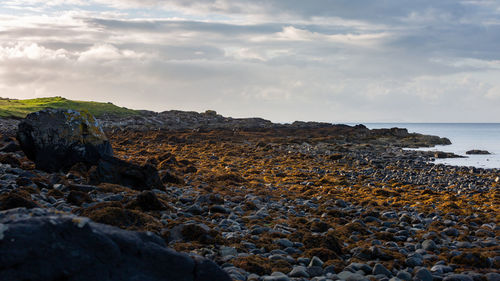 Rocks on beach against sky