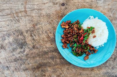 High angle view of meal served on table