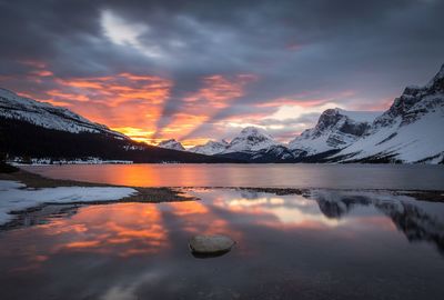 Scenic view of frozen lake during sunset