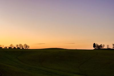 Scenic view of agricultural field against clear sky