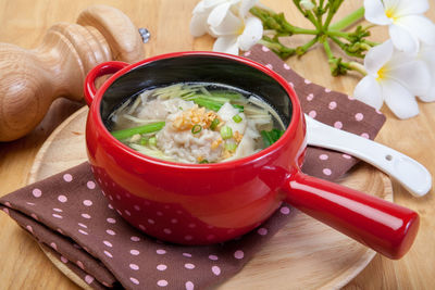 High angle view of soup in bowl on table