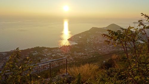 High angle view of sea against sky during sunset