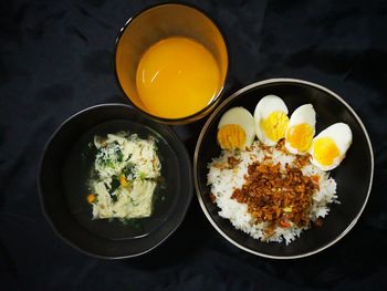 High angle view of breakfast served on table