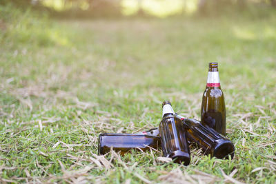 Abandoned bottle on field