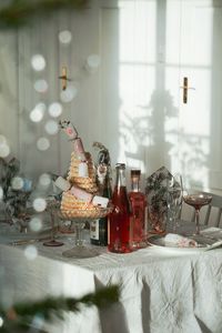 Glass bottles on table