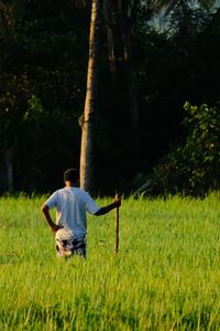 Rear view of man standing on field