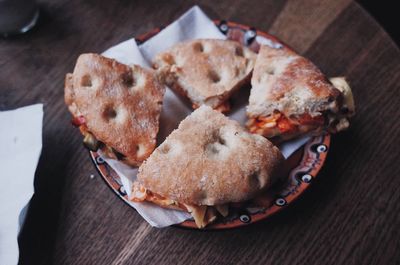 High angle view of bread in plate on table