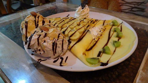 High angle view of dessert in plate on table