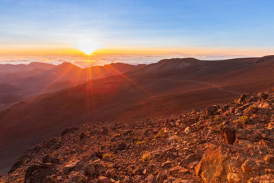 Scenic view of haleakala crater national park, maui, hawaii, usa at sunrise against sky