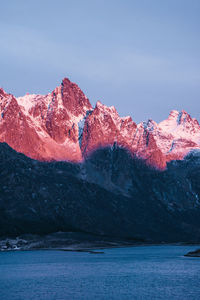 Scenic view of lake by snowcapped mountains against sky