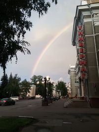 View of rainbow over city buildings