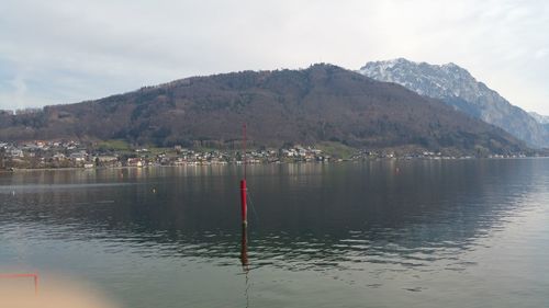 Scenic view of lake and mountains against sky