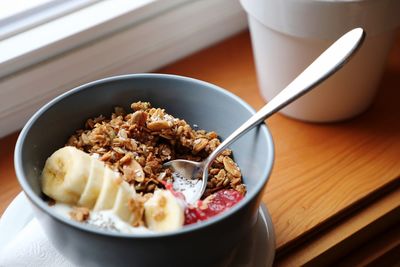 Close-up of breakfast served on table