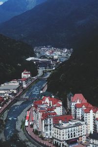 High angle view of street amidst buildings in city