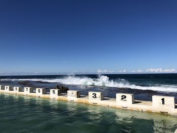 Scenic view of sea against clear blue sky