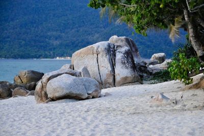 Rocks in sea against sky