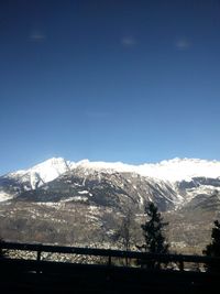 Scenic view of snowcapped mountains against clear sky