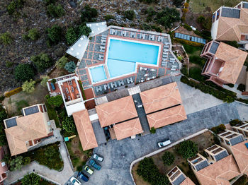 High angle view of old building by trees