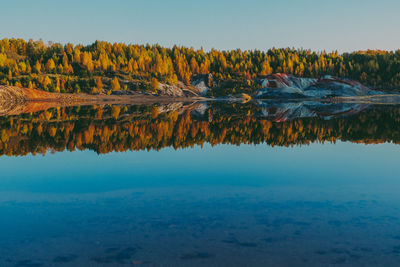 Scenic view of lake against clear blue sky