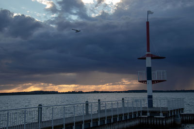 Seagull flying over sea against sky during sunset