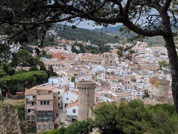 High angle view of buildings in town