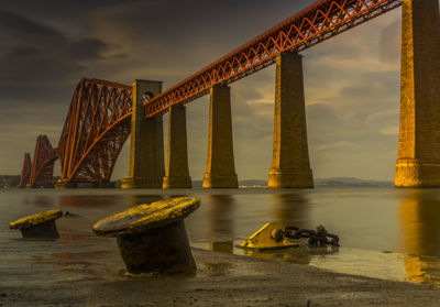 Low angle view of suspension bridge against sky