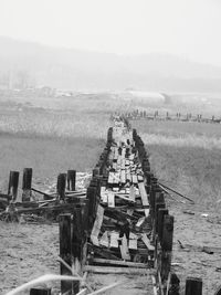 Wooden posts on beach against sky