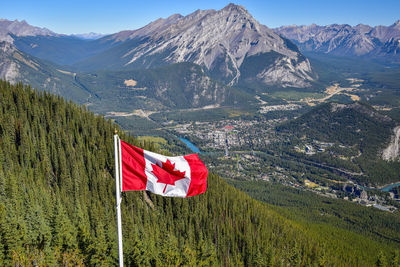 Red flag on landscape against mountains