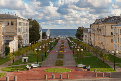 Panoramic view of buildings and sea against sky